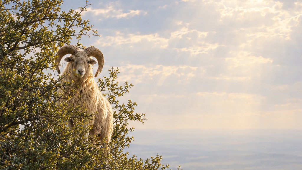A ram amongst the branches of a bush on a mountain top, with rays of light breaking through the clouds